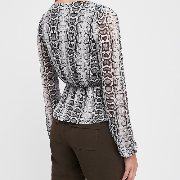 Snakeskin Print Sheer Sleeve Surplice Peplum Top - Picture 3 of 5